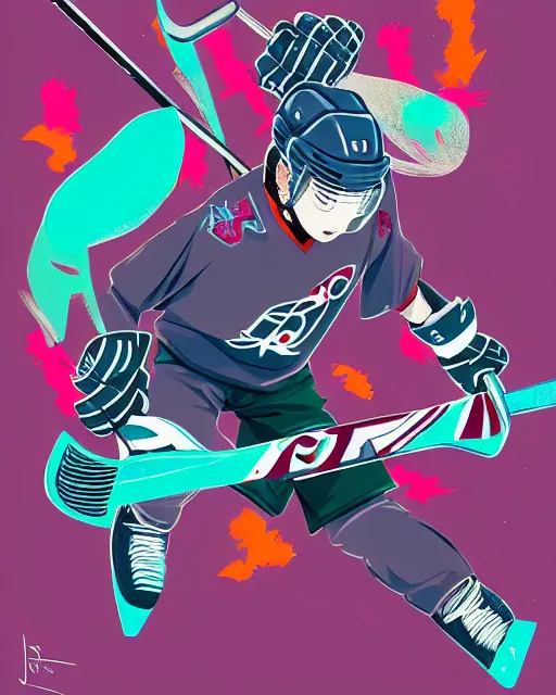 Image similar to pigeon!!! playing ice hockey, anime style, hyper detail, crisp linework, colorful mixed media, a brutalist designed, vivid colours, cryptic, mystical, pop surrealism by james jean, roby dwi antono, ross tran, steven kenny, paul neberra, ashley wood, atmospheric, trending on artstation. 8 k masterpiece.