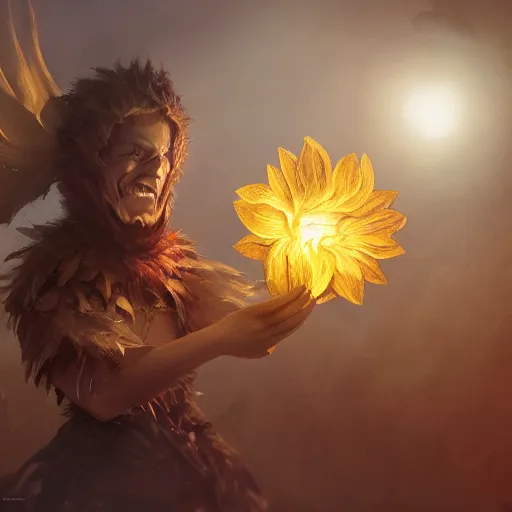 Image similar to Anthropomorphized sunflower, D&D, fantasy, cinematic lighting, highly detailed, digital painting, artstation, concept art, smooth, sharp focus, illustration, warm light, cozy warm tint, magic the gathering artwork, volumetric lighting, 8k, no gold, no gold colours, art by Akihiko Yoshida, Greg Rutkowski