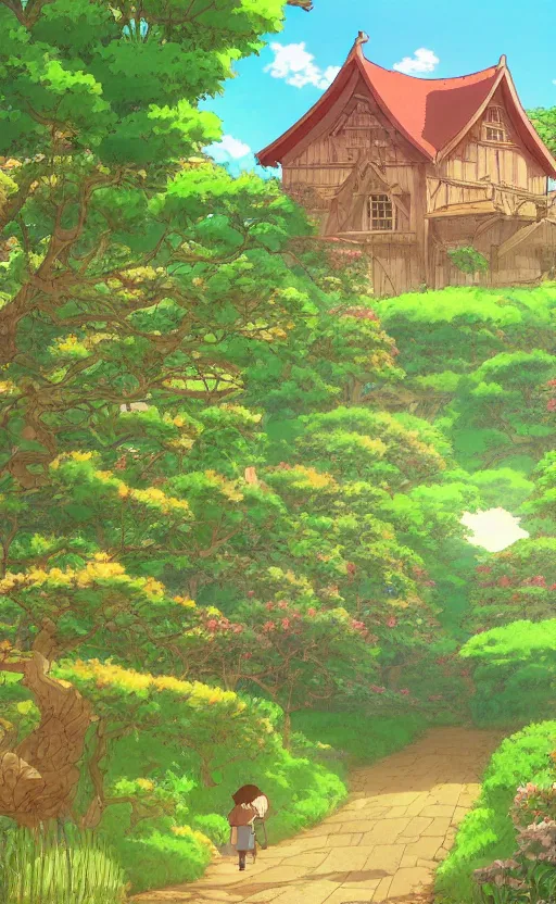 Image similar to anime screenshot wide-shot landscape with house in the apple garden, beautiful ambiance, golden hour, studio ghibli style, by hayao miyazaki, sharp focus, highly detailed,