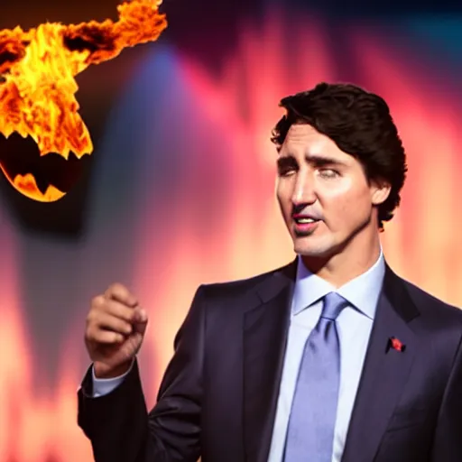 Image similar to a still of Justin Trudeau breathing fire at Obama . He's wearing a suit, dark. Studio lighting, shallow depth of field. Professional photography City at night in background, lights, colors,4K