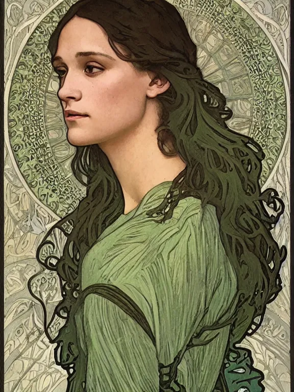 Image similar to an art nouveau mucha poster style head and shoulders portrait oil painting of a pretty young alicia jessica vikander alba wearing an oversize grey - green t - shirt, intricate, detailed, smooth, complex, elaborate, by alphonse mucha and james gurney and john william waterhouse and bouguereau