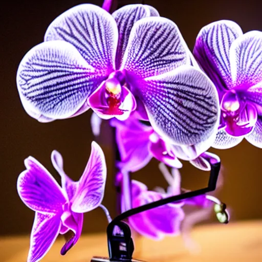 Image similar to an orchid flower, robotic, made of metal, shiny, glowing