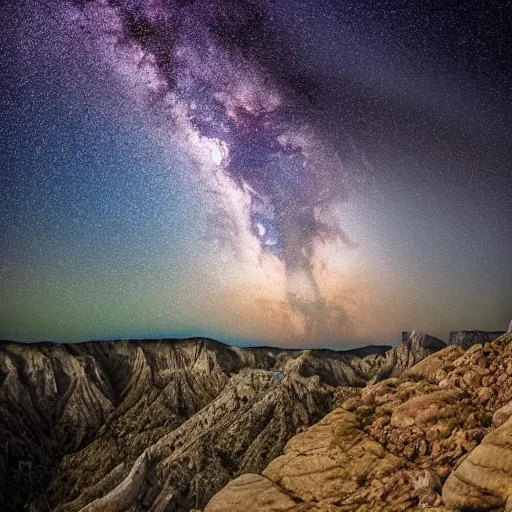Image similar to a hyper realistic photograph of the milky way galaxy shining from above a rock canyon, award winning
