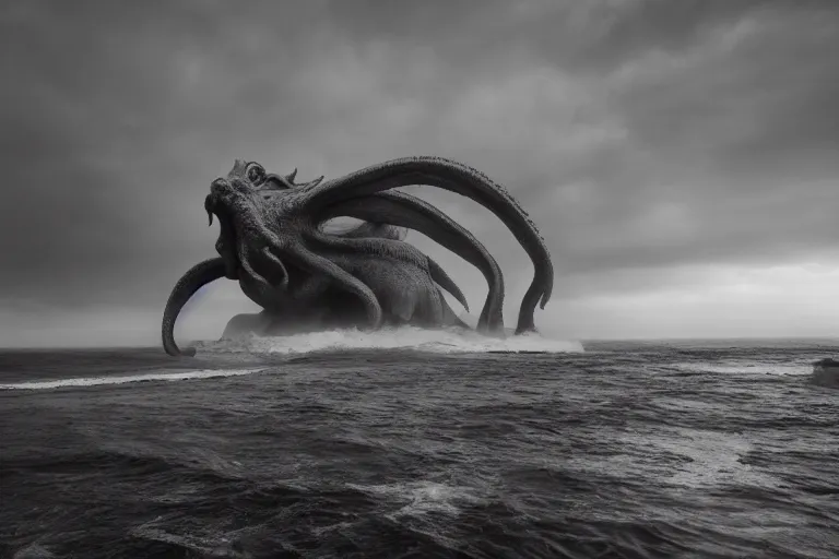 Image similar to giant VFX movie of cthulhu rising out of the ocean in Malibu, towering over, 14mm morning natural light by Emmanuel Lubezki