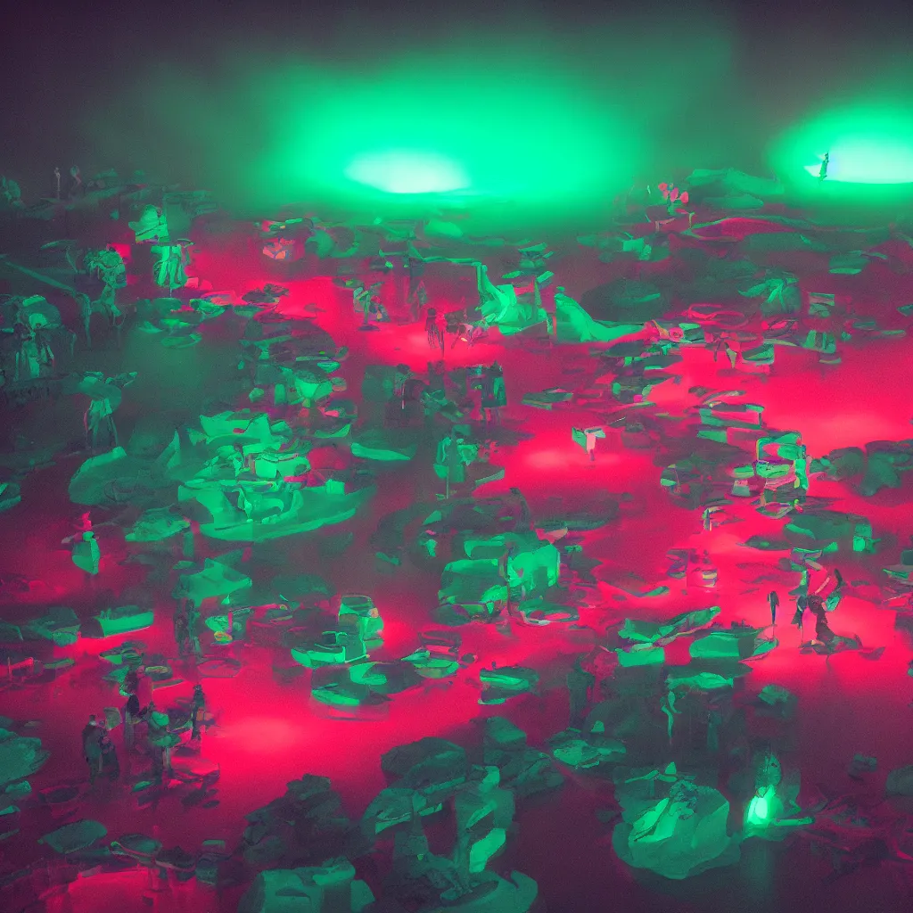 Image similar to rave club in the red pond at night, green laser, light art, photo by reuben wu, jenni pasanen, epic composition, hd, octane, volumetric lighting, masterpiece,