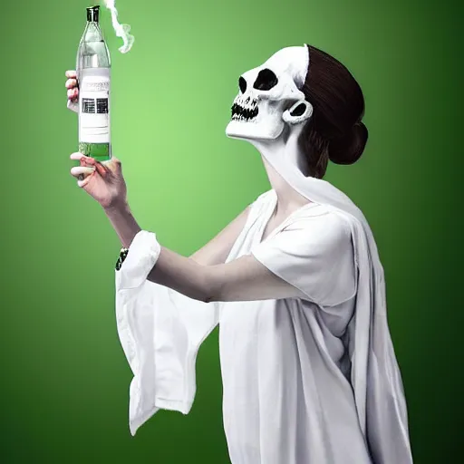 Prompt: woman in hospital room. Holding bottle made of skull. Poisonous green smoke comes out of a botlle forming dancing skeletons to the air. Woman is wearing white toga made of silk. Glamour photograph. Digital painting - h 768