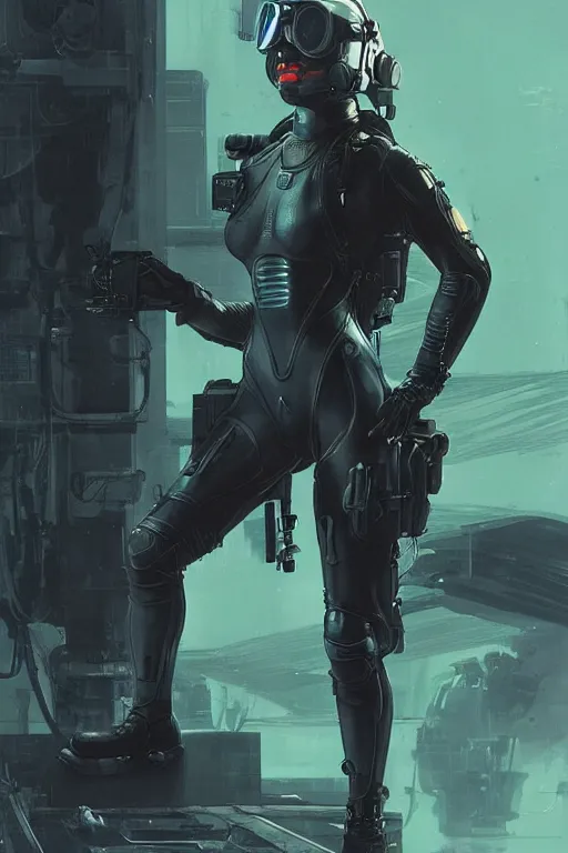 Prompt: Selina. USN blackops operator infiltrating oil rig. Operator wearing Futuristic cyberpunk tactical wetsuit. Frogtrooper. rb6s, MGS, and splinter cell Concept art by James Gurney, greg rutkowski, and Alphonso Mucha. Vivid color scheme.