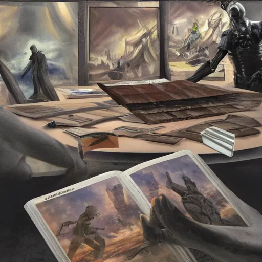 Image similar to a people stealing a masterpiece book on a table, sci-fi style, concept art