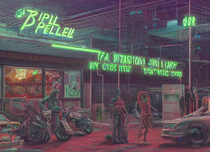 Prompt: reptile people exterior parking lot, cyberpunk neon, in the style of jeremy enecio, intricate, miles johnston, monet, cynical realism, john william godward, painterly, yoshitaka amano, miles johnston, louise zhang, pekka halonen, finnish naturalism, realism