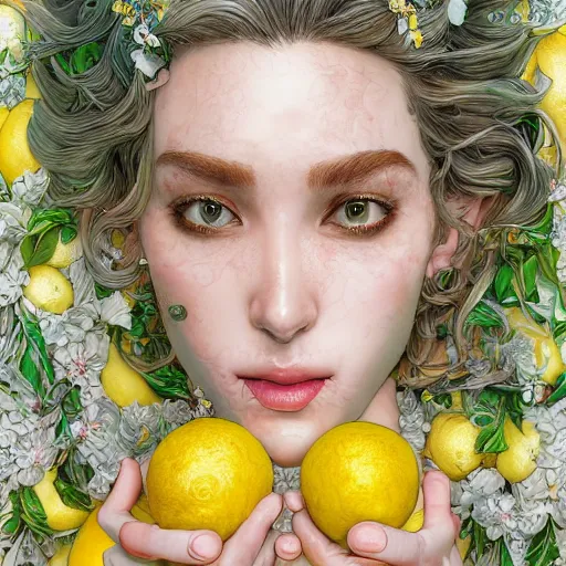 Image similar to the portrait of an absurdly beautiful, graceful, elegant, sophisticated, young idol made up of lemons, an ultrafine hyperdetailed illustration by kim jung gi, irakli nadar, intricate linework, bright colors, octopath traveler, final fantasy, unreal engine 5 highly rendered, global illumination, radiant light, detailed and intricate environment