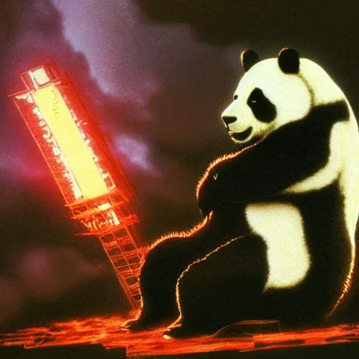 Image similar to giant panda destroying tokyo in the style of the movie godzilla, cinematic lighting, cinematic framing and shadows 1 9 7 0 s aesthetic