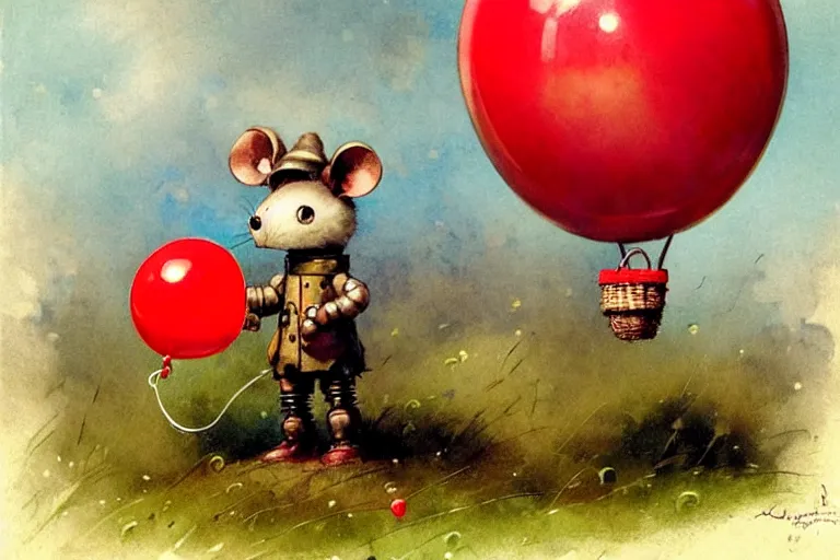 Image similar to adventurer ( ( ( ( ( 1 9 5 0 s retro future robot android mouse holding a red balloon. muted colors. swamp mushrooms island, lillie pads ) ) ) ) ) by jean baptiste monge!!!!!!!!!!!!!!!!!!!!!!!!! chrome red