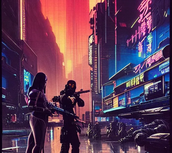 Image similar to a portrait of a cyberpunk epic Friday night firefight, Night City, cyberpunk 2077, very very coherent painting, 1979 OMNI Magazine Cover, street level neo-Tokyo in Cyberpunk 2045 style by Vincent Di Fate by mark arian by artgerm in the style of ((Gustave Dore)), 4k, 8k, HD, trending on artstation