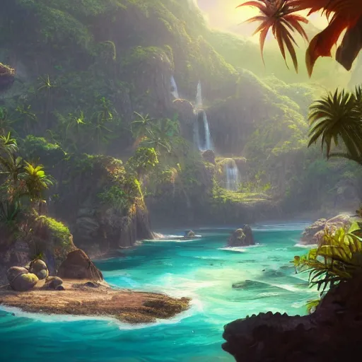 Prompt: a painting of a tropical island, a matte painting by jordan grimmer, cgsociety, fantasy art, matte painting, unreal engine 5