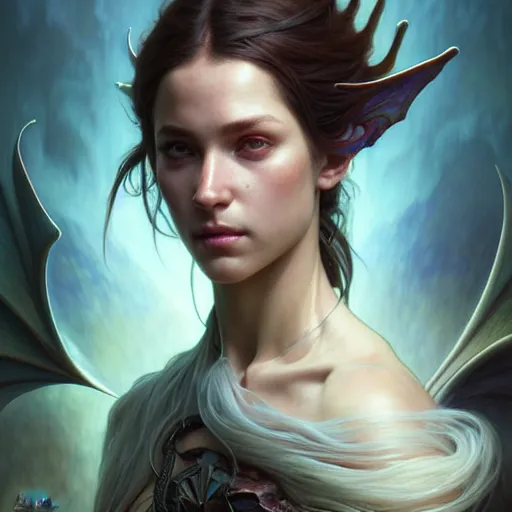 Image similar to portrait painting of a human fusion with a dragon, ultra realistic, concept art, intricate details, eerie, highly detailed, photorealistic, octane render, 8 k, unreal engine. art by artgerm and greg rutkowski and charlie bowater and magali villeneuve and alphonse mucha