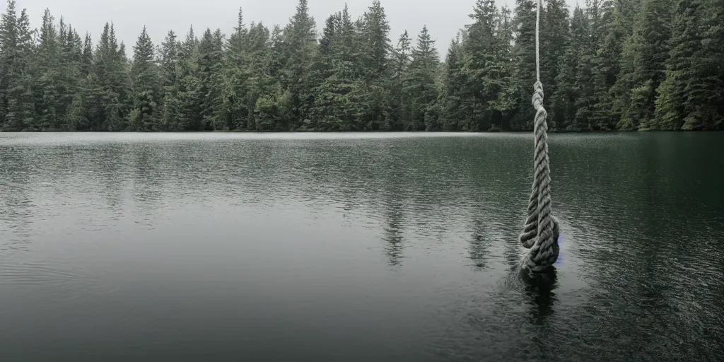 Image similar to centered photograph of a long rope snaking across the surface of the water, thick rope stretching out towards the center of the lake, a dark lake on a cloudy day, color film, trees in the background, hyper - detailed photo, anamorphic lens