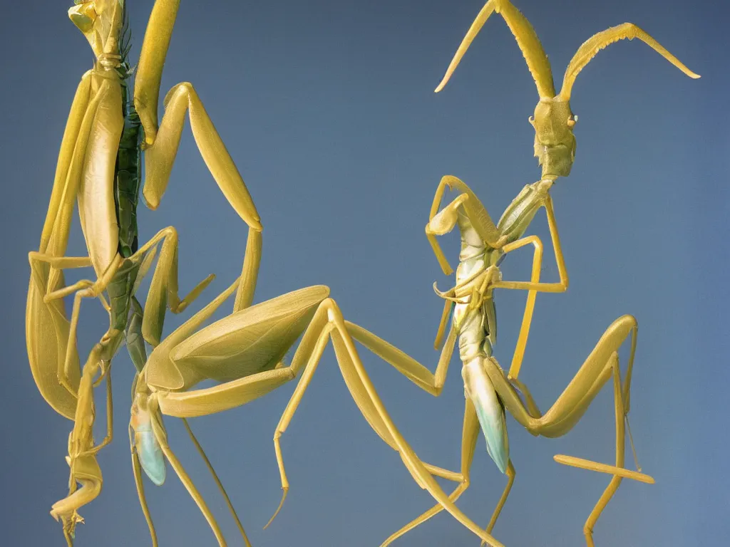 Prompt: a blue praying mantis. orchid mantis standing. petri dish art. subsurface scattering, translucency, backlit, diffused, smooth. studio photography high quality highly detailed award winning photograph by national geographic, by slim aarons. complementary color scheme. ( sculpture by antonio canova )