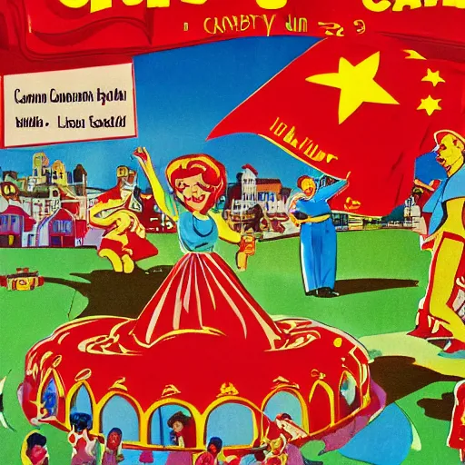 Image similar to a communist revolution in Candy Land, 1960s illustration, high quality