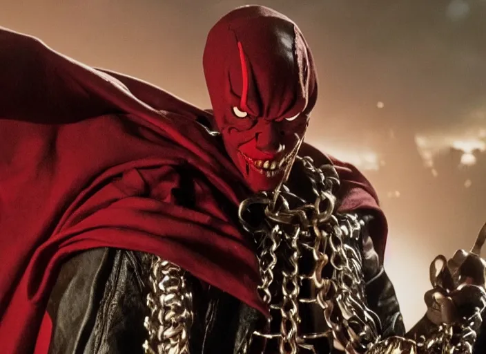 Image similar to film still of jamie foxx as spawn in the new spawn movie, giant chains, large cape, 8 k