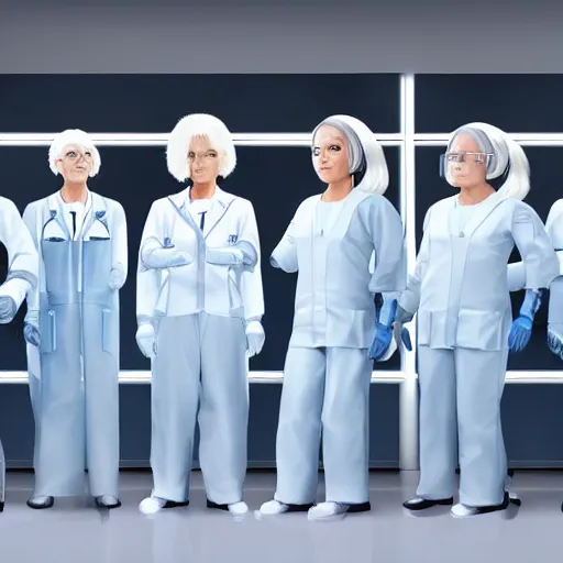 Image similar to line of six tall short fat scrawny women, white hair, tight light blue neopren space uniforms, futuristic chemistry lab, sci - fi, highly detailed, cinematic