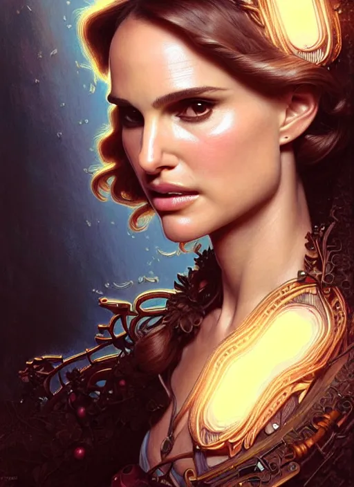 Prompt: portrait of natalie portman, volumetric lights, feast, music notes, art nouveau botanicals, gothic, intricate, highly detailed, digital painting, artstation, concept art, smooth, sharp focus, symmetric face, illustration, steampunk, art by artgerm and greg rutkowski and alphonse mucha