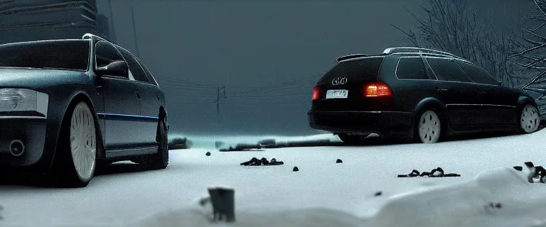 Prompt: Audi A4 B6 Avant (2002), a gritty neo-noir, dramatic lighting, cinematic, eerie person silhouette, death, homicide, homicide in the snow, gunshots, establishing shot, extremely high detail, photorealistic, cinematic lighting, artstation, by simon stalenhag, Max Payne (PC) (2001) winter new york at night, Max Payne 2 graphic novel style, flashing lights, Poets of the Fall - Late Goodbye