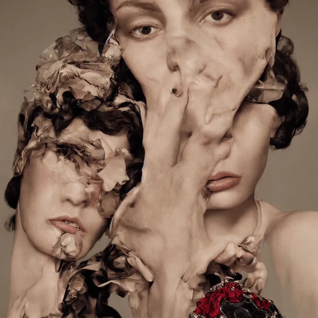 Image similar to stunning close up portrait of a woman from a fashion model with large prada dress, in parisian luxury studio decorated, official prada editorial, by Hendrik Kerstens, by norman rockwell, highly detailed