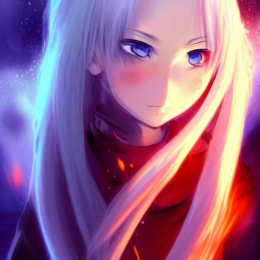 Prompt: advanced digital anime art, a very cute gorgeous teenage girl with a body made of fire and ice , full body, very long snow colored hair, sky blue highlights in hair, red fiery watery eyes, full round face, dramatic cinematic lighting, wideshot, highly intricately detailed, trending on pixiv, Artstation,