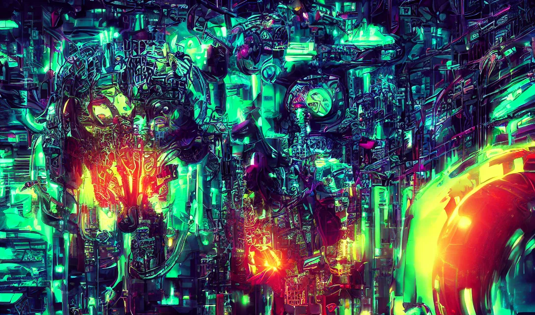 Image similar to complex cyberpunk machine background merged with evil cybernetic goat head in center focus, multicolored digital art