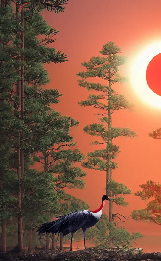 Image similar to a huge japanese crane bird is chilling above a lake in the middle of a forest of japanese pines, a big red sun in the background, front trading card, photorealistic, high details, trending on behance, 8k, stunning, volumetric, ray tracing