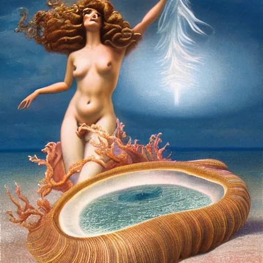 Image similar to The installation art depicts the moment when the goddess Venus is born from the sea. She is shown standing on a giant clam shell, with her long, flowing hair blowing in the wind. The installation art is full of light and color, and Venus looks like she is about to step into a beautiful, bright future. tilt-shift by John Perceval, by Gerald Brom rich