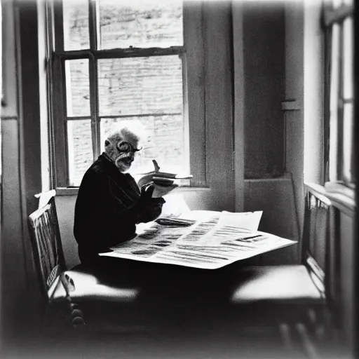 Image similar to serious old man sitting at the table and reading newspapers, portrait, black and white, photograph, ultra realistic, grainy, highly detailed, Diane Arbus