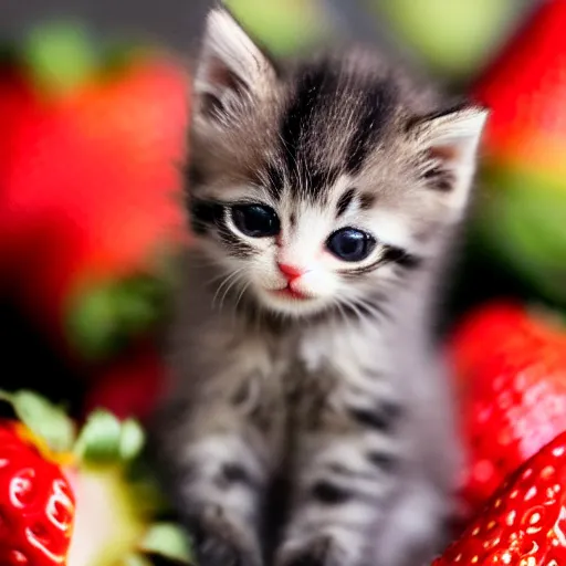 Image similar to macro shot photograph of an extremely tiny baby kitten on top of a strawberry