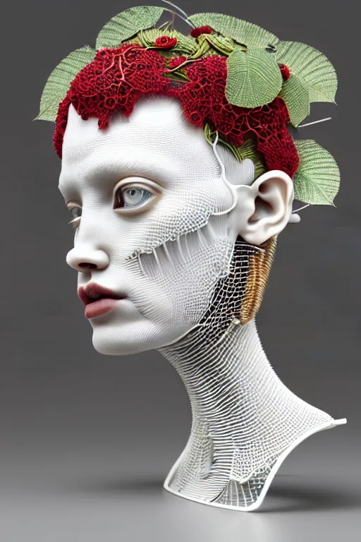 Prompt: complex 3d render ultra detailed of a beautiful porcelain profile weeknd face, biomechanical cyborg, analog, 150 mm lens, beautiful natural soft rim light, big leaves and stems, roots, fine foliage lace, silver red white details, massai warrior, Alexander Mcqueen high fashion haute couture, pearl earring, art nouveau fashion embroidered, steampunk, intricate details, mesh wire, mandelbrot fractal, anatomical, facial muscles, cable wires, microchip, elegant, hyper realistic, ultra detailed, octane render, H.R. Giger style, volumetric lighting, 8k post-production