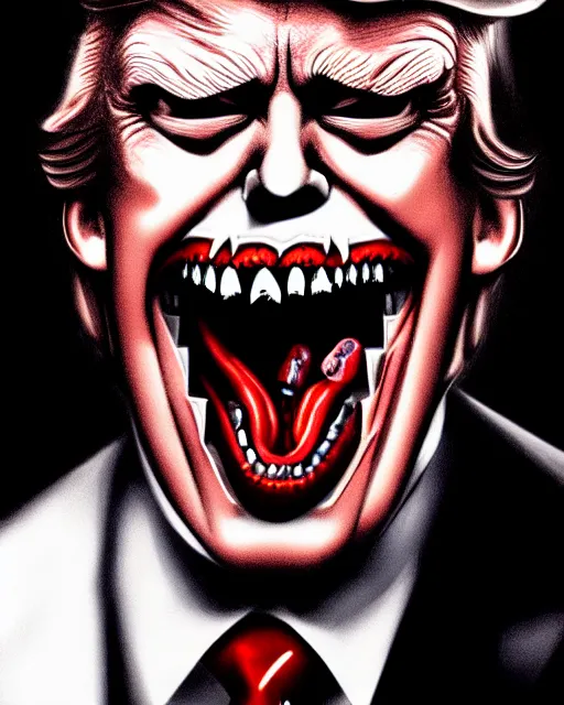 Image similar to donald trump dracula, fangs, character portrait, close up, concept art, intricate details, hyperrealism, in the style of otto dix and h. r giger