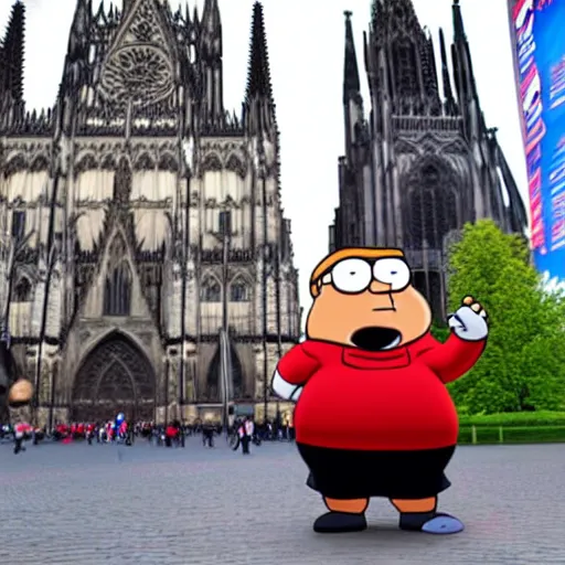 Image similar to Peter griffin in front of koln cathedral, he is dancing and doing the griddy