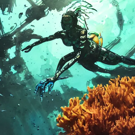 Image similar to woman diving in an alien aquarium, kelp, coral, solar rays, cyberpunk, realistic, detailed, Industrial Scifi, paint, watercolor, in the style of Ashley Wood and Wadim Kashin