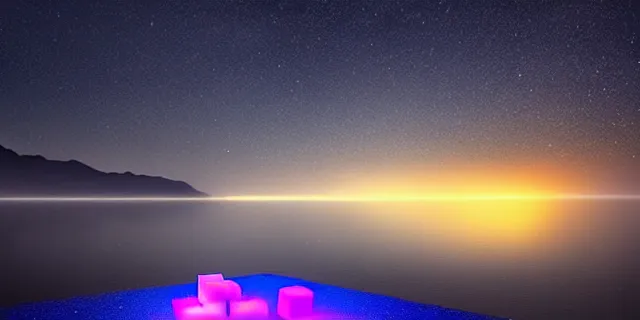 Image similar to beautiful glowing cubes in the middle of lake baikal, atmospheric lighting, intricate, volumetric lighting, beautiful, sharp focus, ultra detailed, in the art style of bowater, charlie, brom, gerald, astrophotography