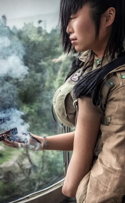 Image similar to close portrait photo of a focused female and asian tank commander spying outside the open window of her tank, highly detailed, smoke and dirt in the background, high resolution, cosplay photo, stunning, girls frontline style, bokeh soft, shot on 70mm, zenithal lightning, trending on instagram, by award winning photographer, realistic human anatomy, real human faces, realistic military carrier, soldier clothing, modern warfare, shot with a professional camera, low saturation, soldier clothing, hard surfaces