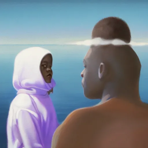 Image similar to a retro realistic illustration of a ghost!!! shining in a lake while a black kid! stares at it with a florest! in the background, realistic, volumetric light, detailed oilpainting by Pauline Baynes, trending on artstation.