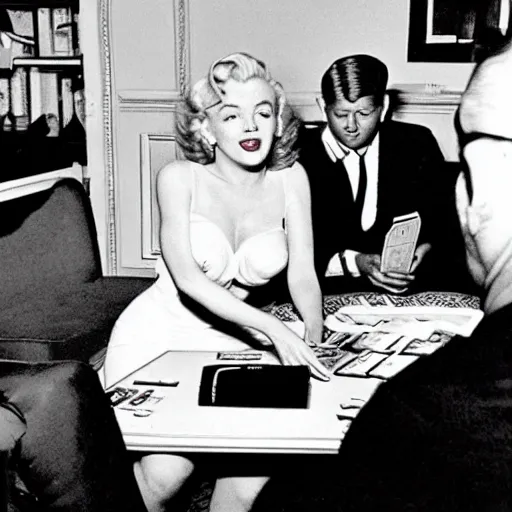 Image similar to marilyn monroe and jfk playing yu - gi - oh with dual disks