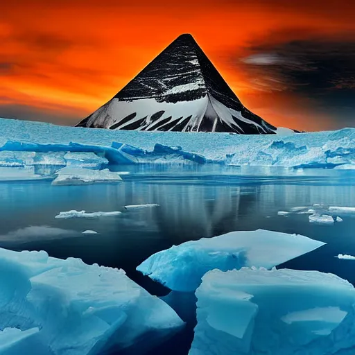 Prompt: huge pyramid in Antarctica, war, real, blue sky, smoke, red clouds, detailed, award winning, photograph, cinematic