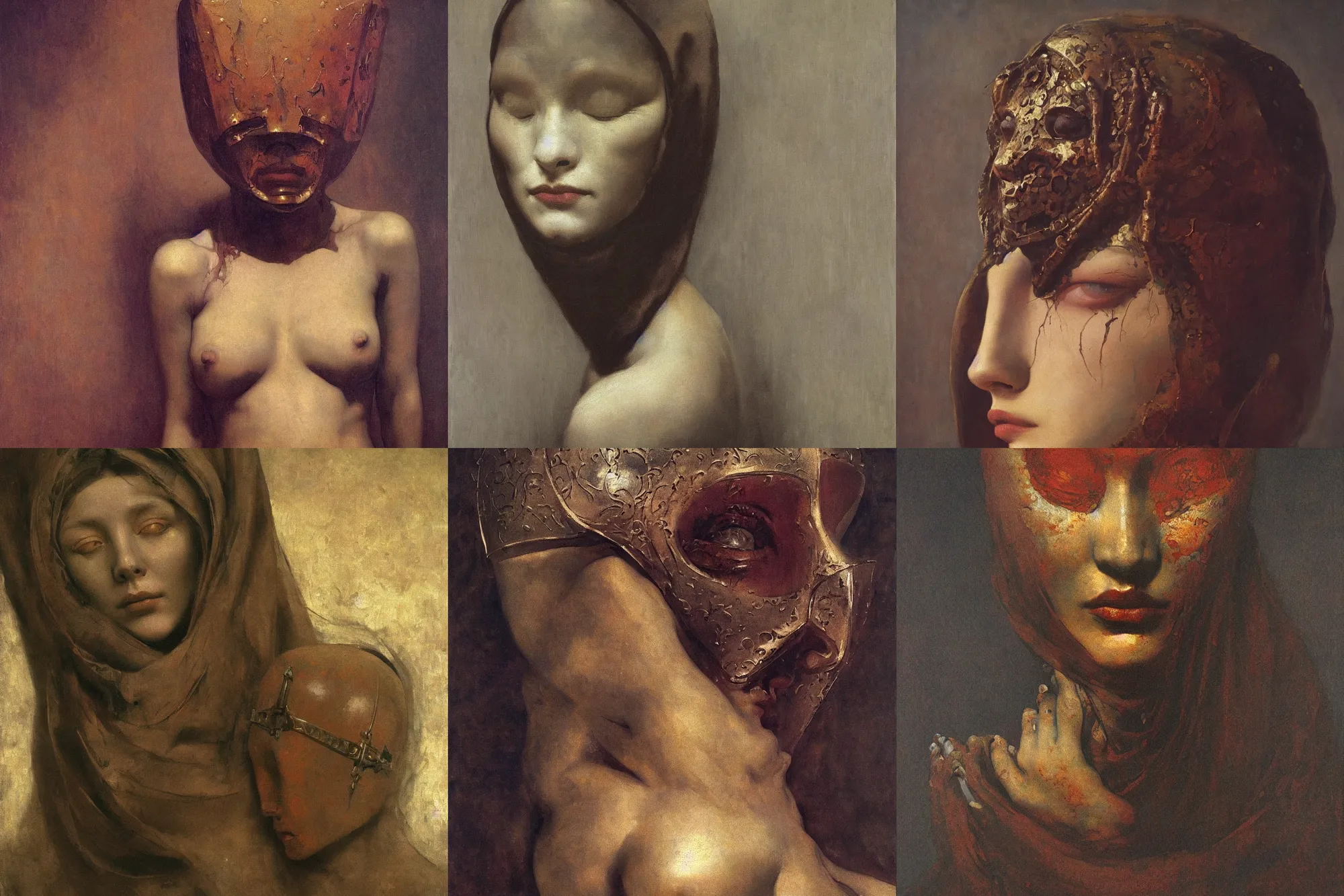 Prompt: The waist-high portrait of beautiful woman with closed eyes in steel full-face occult mask by Ilya Repin, William Blake, Michelangelo da Caravaggio and Beksinski, highly detailed oil painting, trending by artstation, fantasy character, 4k, masterpiece