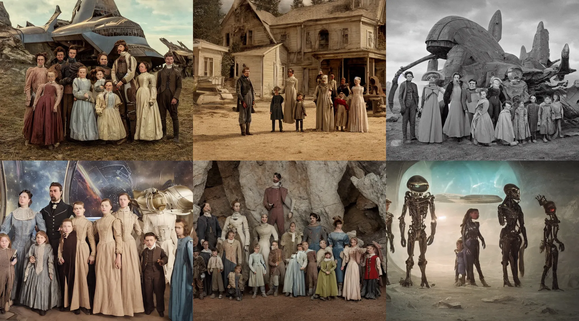 Prompt: sharp, still from a sci fi blockbuster color movie made in 2022, set in 1860, of a family standing in front of a spaceship that has just landed on an alien planet, a humanoid alien creature stands nearby, the family are all wearing 1850s era clothes, 4k, faces are in focus, extremely good quality lighting, good quality photography, A list cast, famous actors, famous actresses, oscar winner