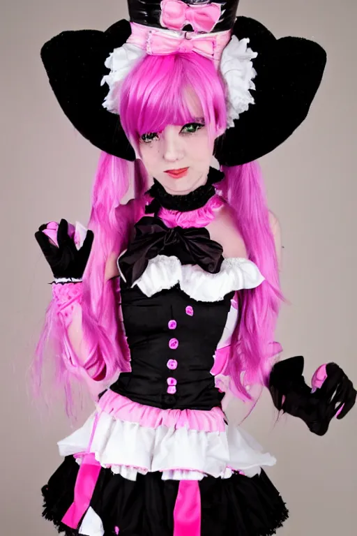 Prompt: Catgirl with black fur, pink hair, and pink eyes in Gothic Lolita maid costume wearing small top hat