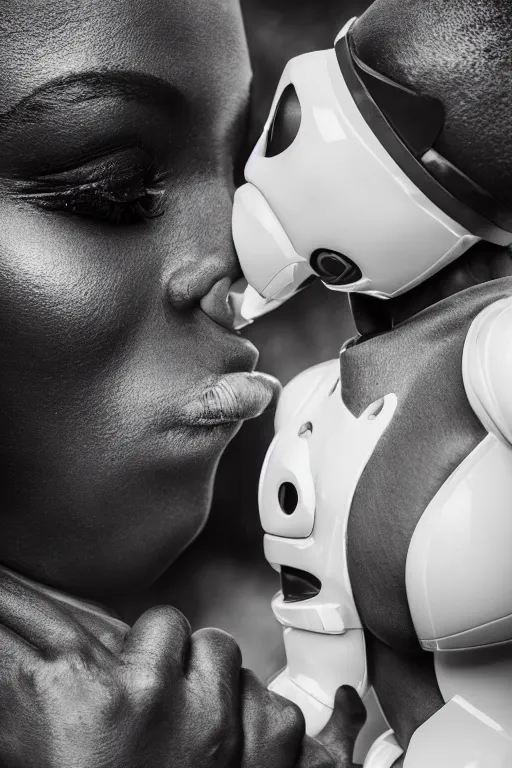 Image similar to a spectacular wideangle detailed closeup portrait photo, of a white robot kissing a african woman, beautiful low light mist