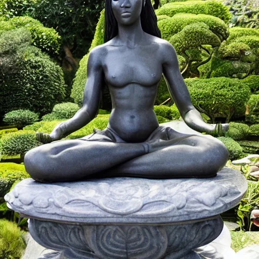 Image similar to marble statue of naomi campbell meditating in a rococo japanese garden