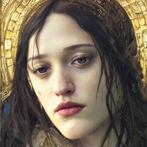 Image similar to Concept Art of cinematography of Terrence Malick film stunning portrait of featuring Kat Dennings as an ancient babylonian priestess, looking at camera, medium close up, by edgar maxence, artgerm, guweiz masterpiece, Met, award winning, incredible, perfect structure