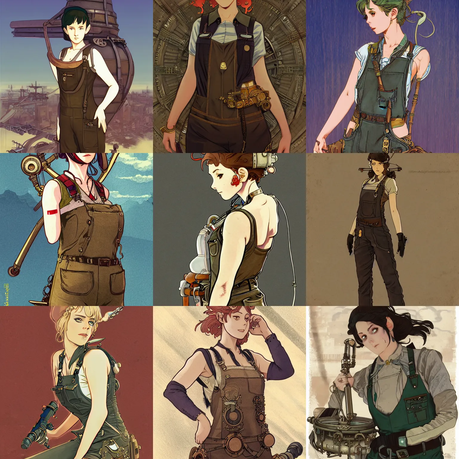 Prompt: An elven airship mechanic wearing a tank top and dungarees, steampunk, highly detailed, artstation, digital illustration, concept art, by Kyoto Animation and Studio Ghibli, by Ilya Kuvshinov and Alphonse Mucha