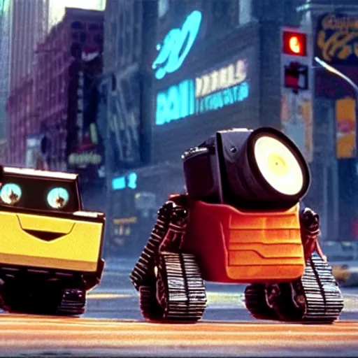 Image similar to Wall-E in New York street, epic 1986 cinematic still